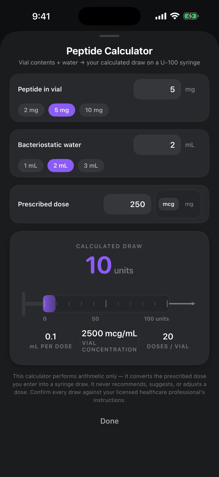 Kairo peptide calculator converting vial contents and water into syringe units