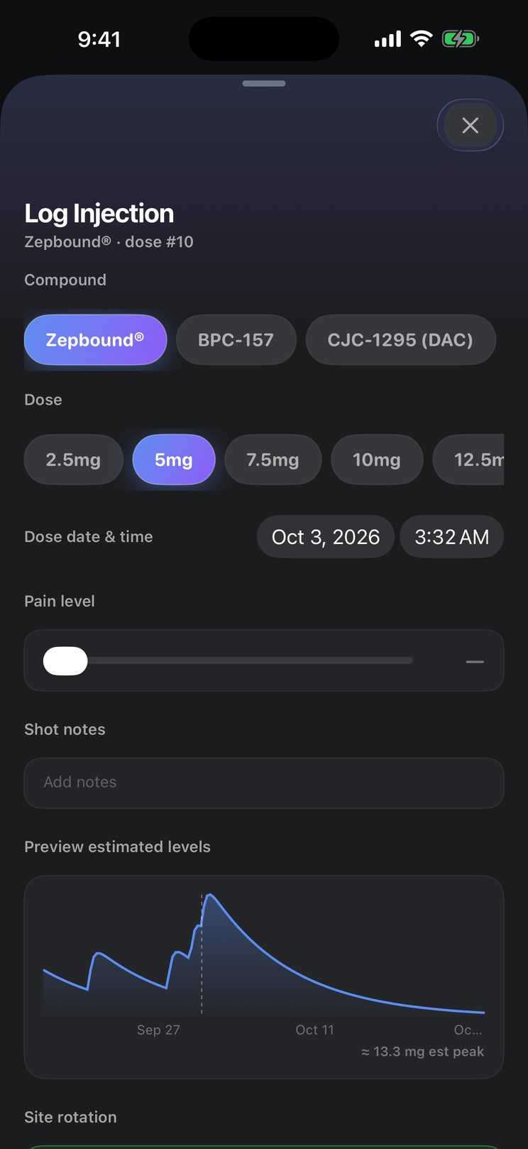 Kairo Log Injection sheet with compound, dose, date and time, and an estimated-level preview