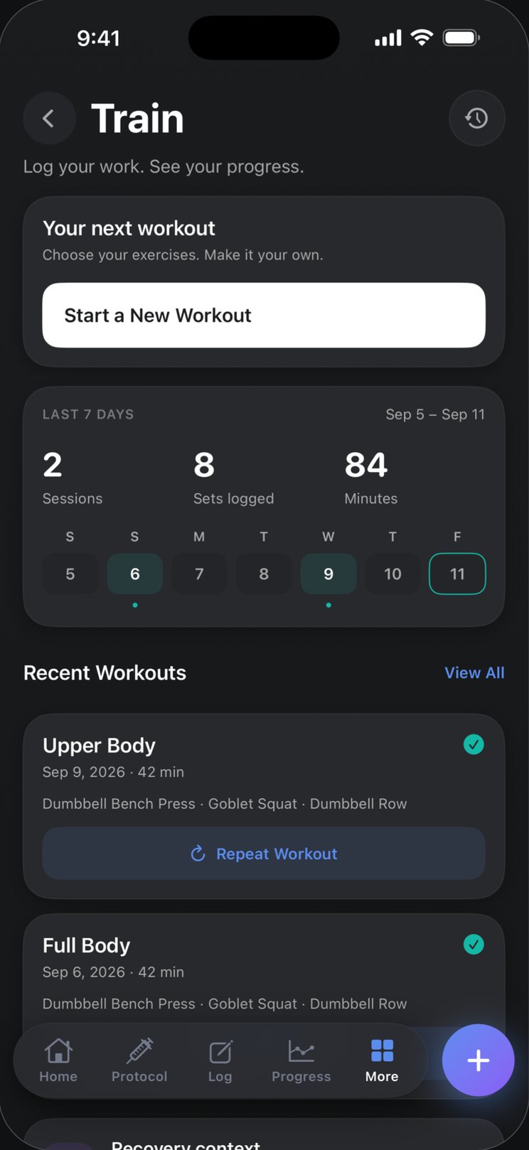 Kairo Train screen with recent workouts and sets logged
